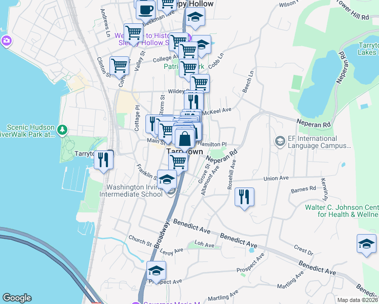 map of restaurants, bars, coffee shops, grocery stores, and more near 2 Broadway in Tarrytown