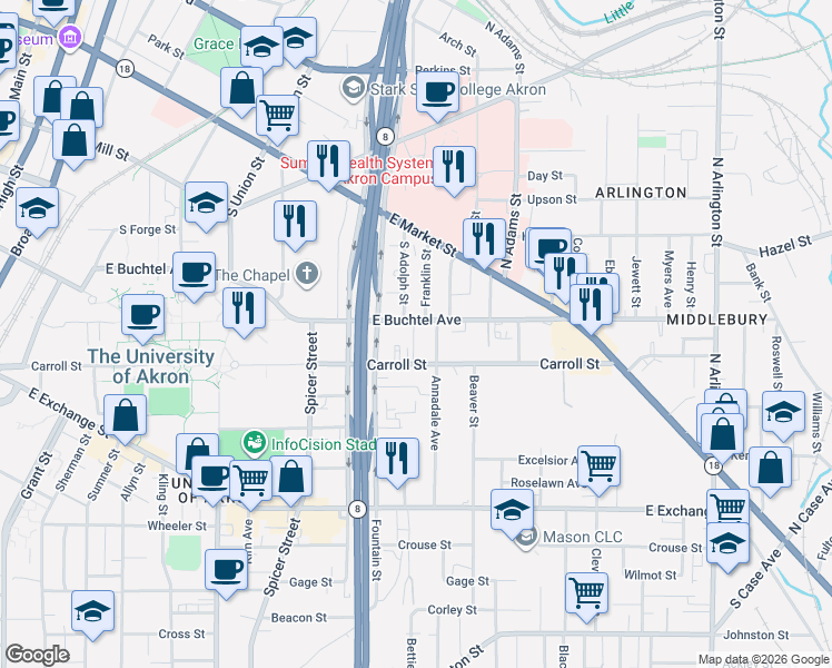 map of restaurants, bars, coffee shops, grocery stores, and more near 70 Wise Street in Akron