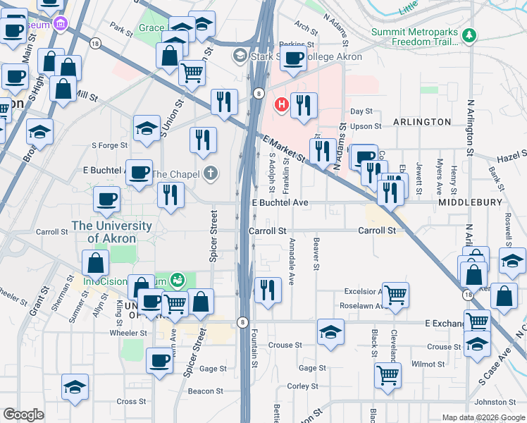 map of restaurants, bars, coffee shops, grocery stores, and more near 70 Wise Street in Akron