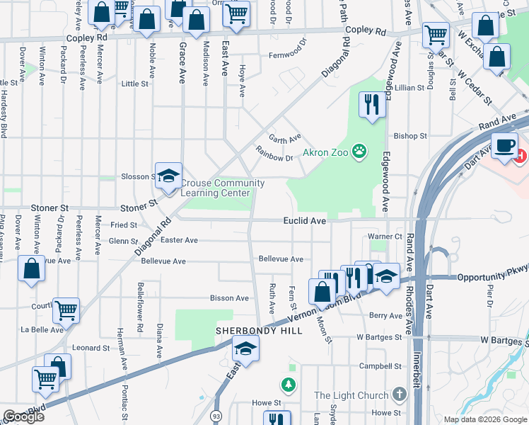 map of restaurants, bars, coffee shops, grocery stores, and more near 681 Euclid Avenue in Akron