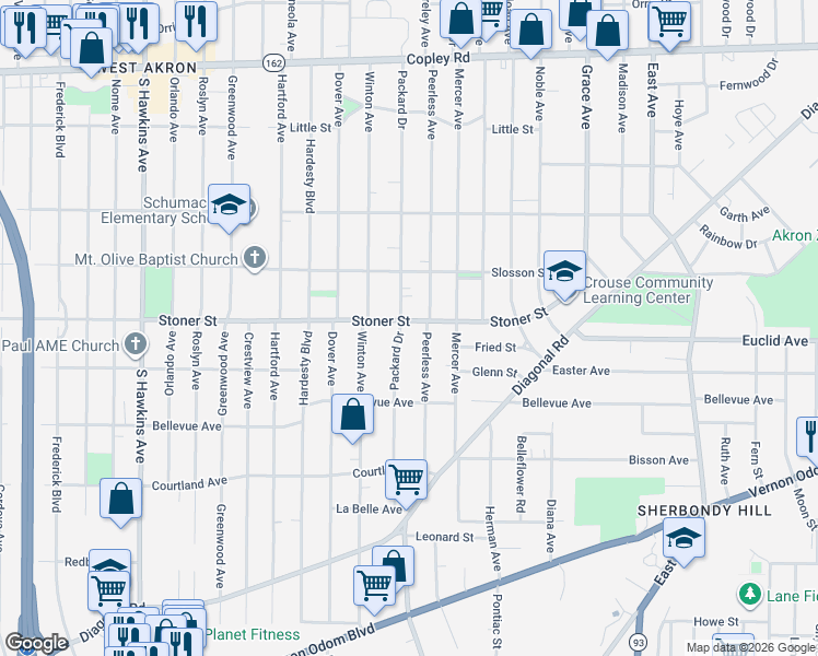map of restaurants, bars, coffee shops, grocery stores, and more near 1044 Packard Drive in Akron