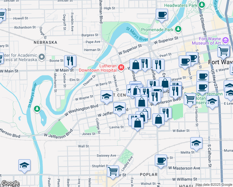map of restaurants, bars, coffee shops, grocery stores, and more near in Fort Wayne
