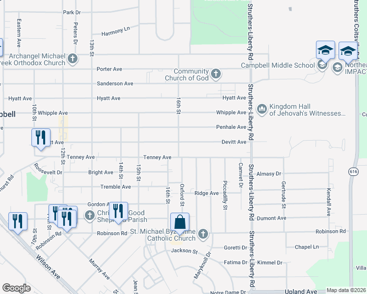 map of restaurants, bars, coffee shops, grocery stores, and more near 667 Devitt Avenue in Campbell