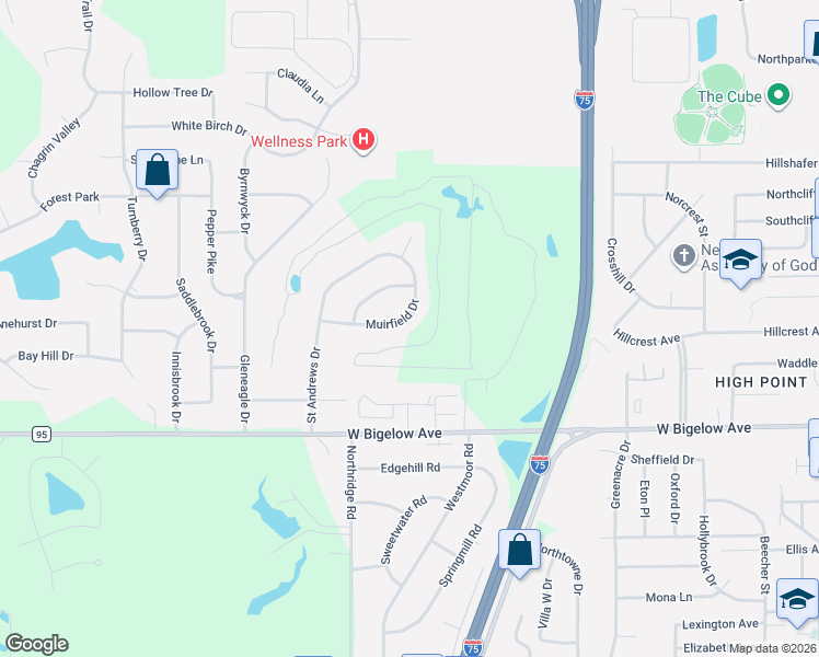 map of restaurants, bars, coffee shops, grocery stores, and more near 1205 Muirfield Drive in Findlay