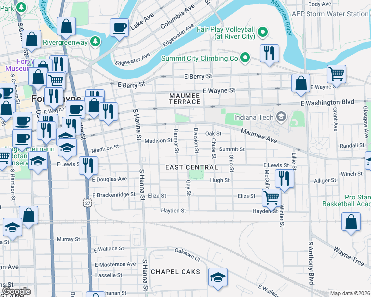 map of restaurants, bars, coffee shops, grocery stores, and more near 1151 Harmar Street in Fort Wayne