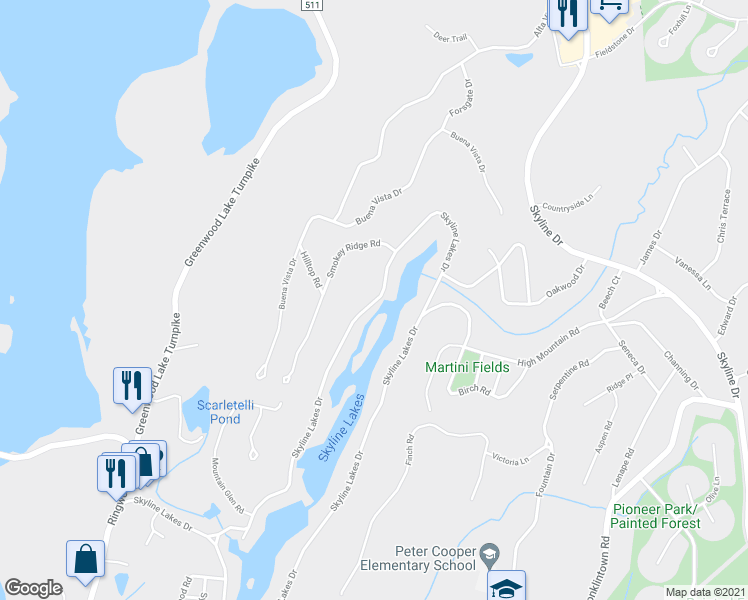 map of restaurants, bars, coffee shops, grocery stores, and more near 202 Skyline Lakes Drive in Ringwood