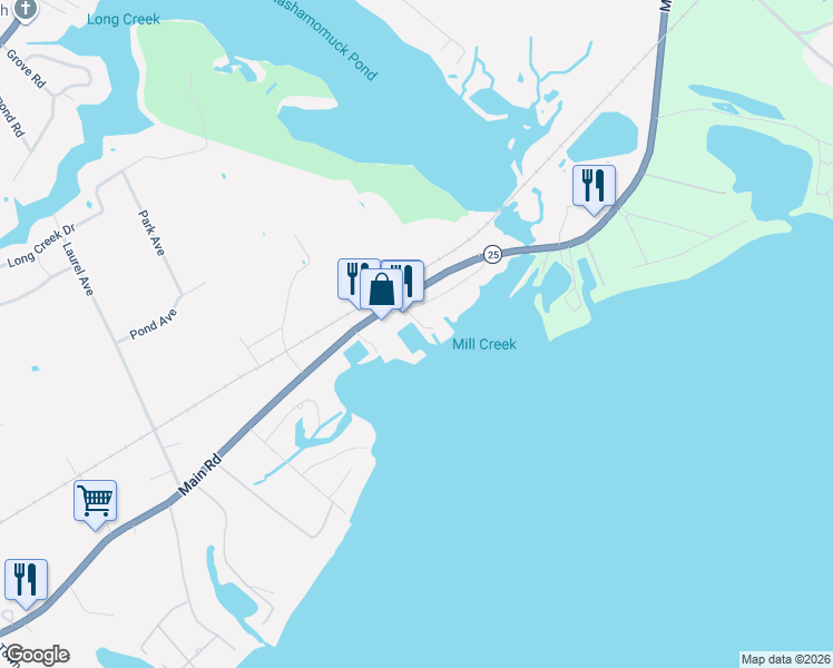 map of restaurants, bars, coffee shops, grocery stores, and more near 300 Old Main Road in Southold