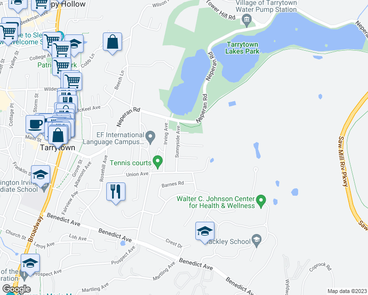 map of restaurants, bars, coffee shops, grocery stores, and more near 43 Putnam Avenue in Tarrytown