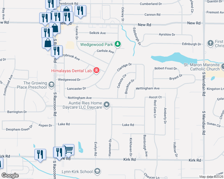 map of restaurants, bars, coffee shops, grocery stores, and more near 1848 Celeste Circle in Youngstown