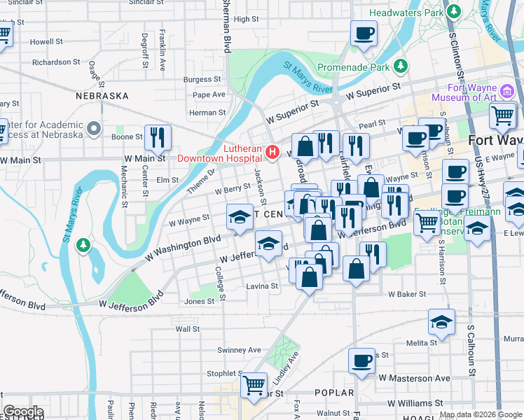 map of restaurants, bars, coffee shops, grocery stores, and more near in Fort Wayne