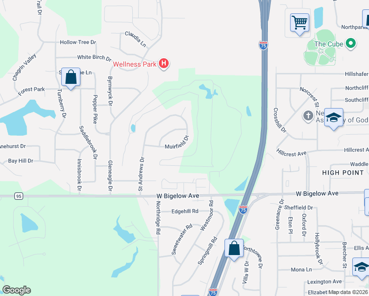 map of restaurants, bars, coffee shops, grocery stores, and more near 1205 Muirfield Drive in Findlay