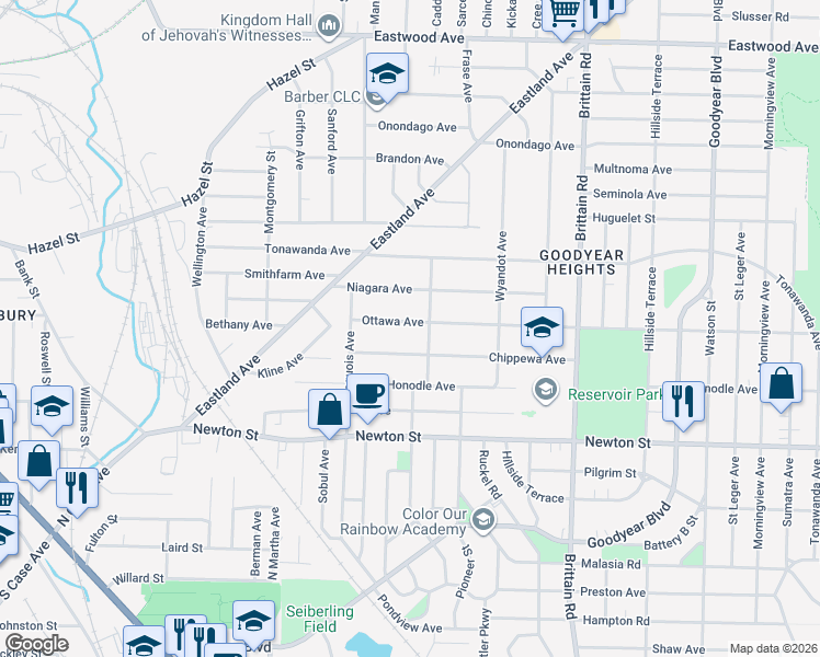 map of restaurants, bars, coffee shops, grocery stores, and more near 1296 Ottawa Avenue in Akron