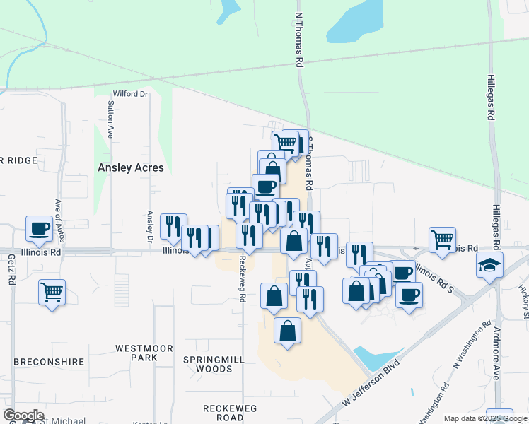 map of restaurants, bars, coffee shops, grocery stores, and more near 1102 South Thomas Road in Fort Wayne