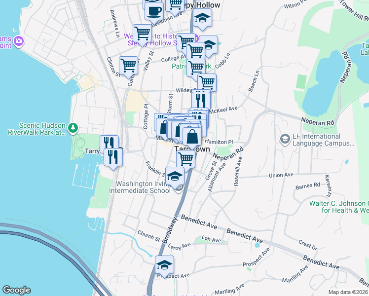 map of restaurants, bars, coffee shops, grocery stores, and more near 22 South Washington Street in Tarrytown