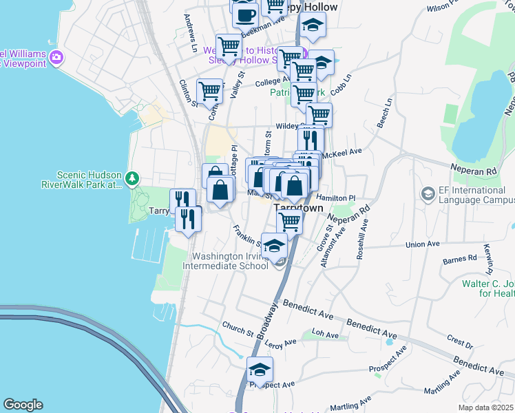 map of restaurants, bars, coffee shops, grocery stores, and more near 62 Main Street in Tarrytown