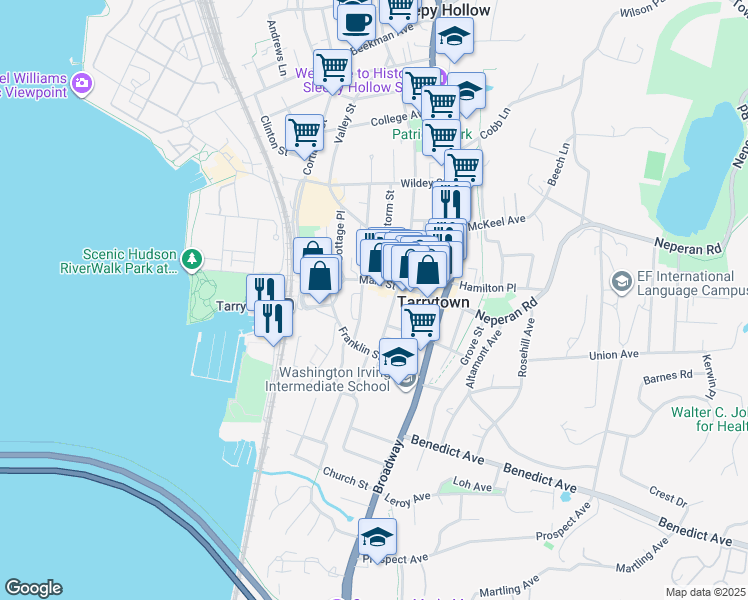 map of restaurants, bars, coffee shops, grocery stores, and more near 62 Main Street in Tarrytown