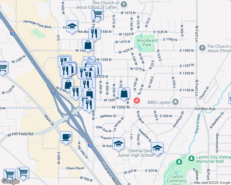 map of restaurants, bars, coffee shops, grocery stores, and more near 1110 North 250 West in Layton
