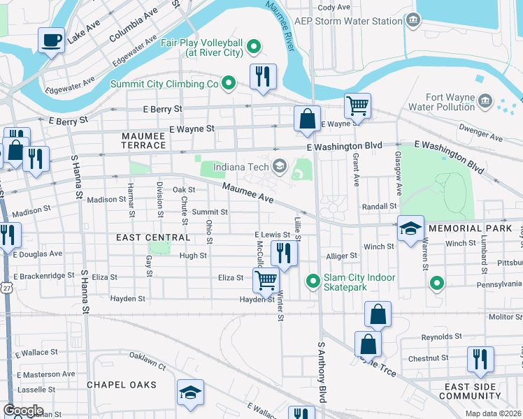 map of restaurants, bars, coffee shops, grocery stores, and more near 1119 McCulloch Street in Fort Wayne