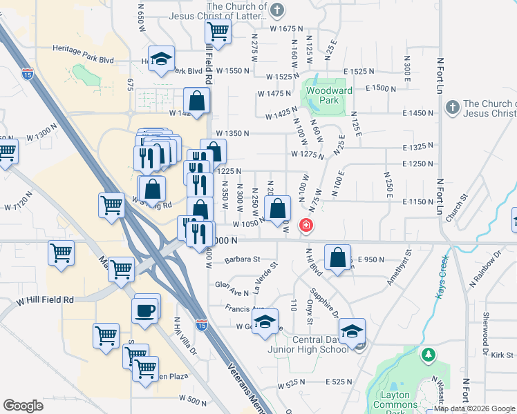 map of restaurants, bars, coffee shops, grocery stores, and more near 1110 North 250 West in Layton