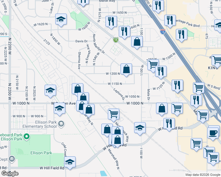 map of restaurants, bars, coffee shops, grocery stores, and more near 1133 North Laytona Drive West in Layton