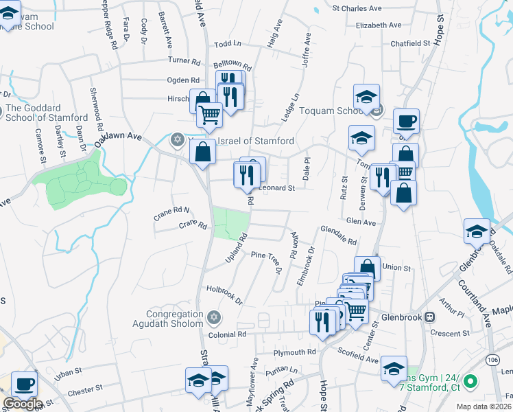 map of restaurants, bars, coffee shops, grocery stores, and more near 1 Burdick Street in Stamford