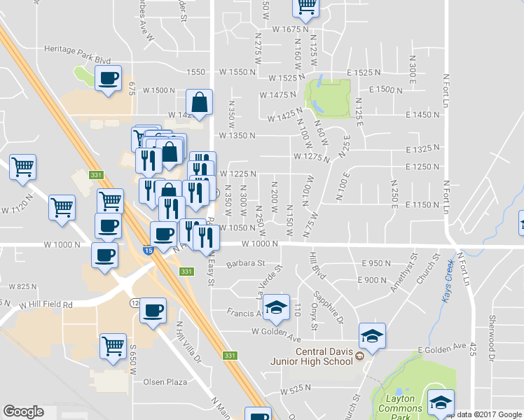 map of restaurants, bars, coffee shops, grocery stores, and more near 1110 North 250 West in Layton