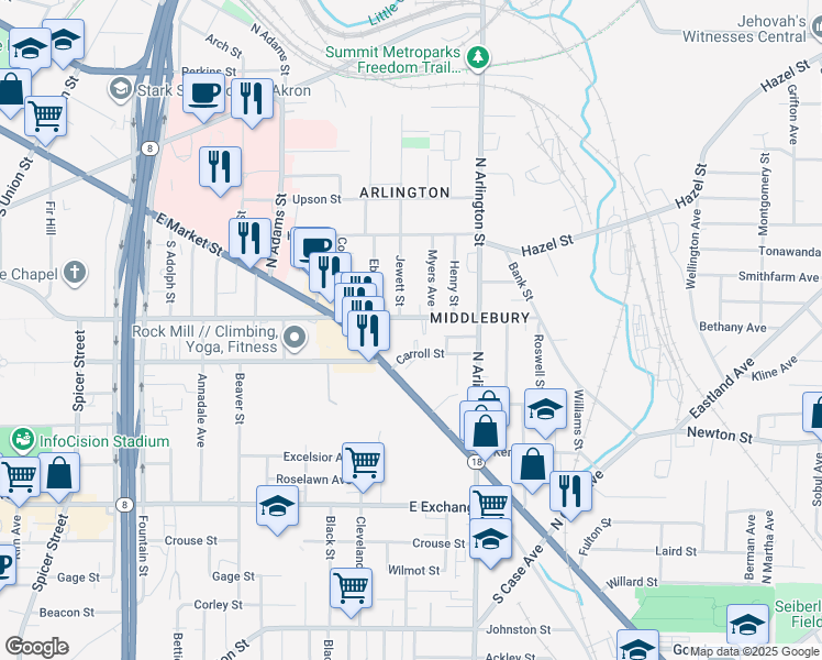map of restaurants, bars, coffee shops, grocery stores, and more near 770 East Buchtel Avenue in Akron