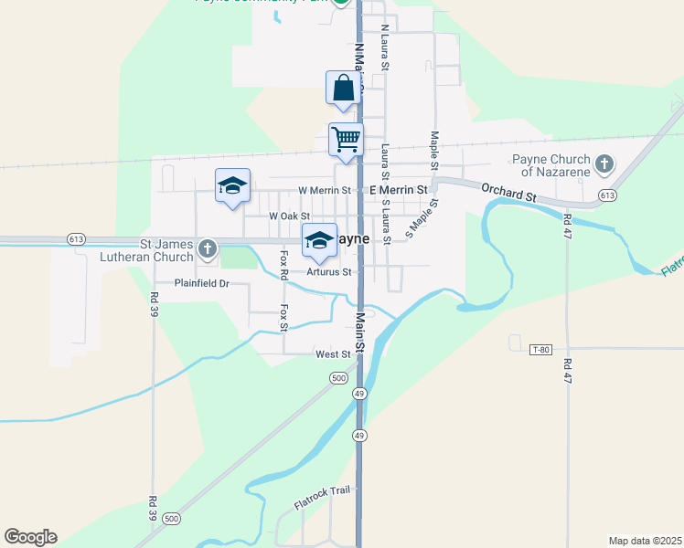 map of restaurants, bars, coffee shops, grocery stores, and more near 107 Arturus Street in Payne