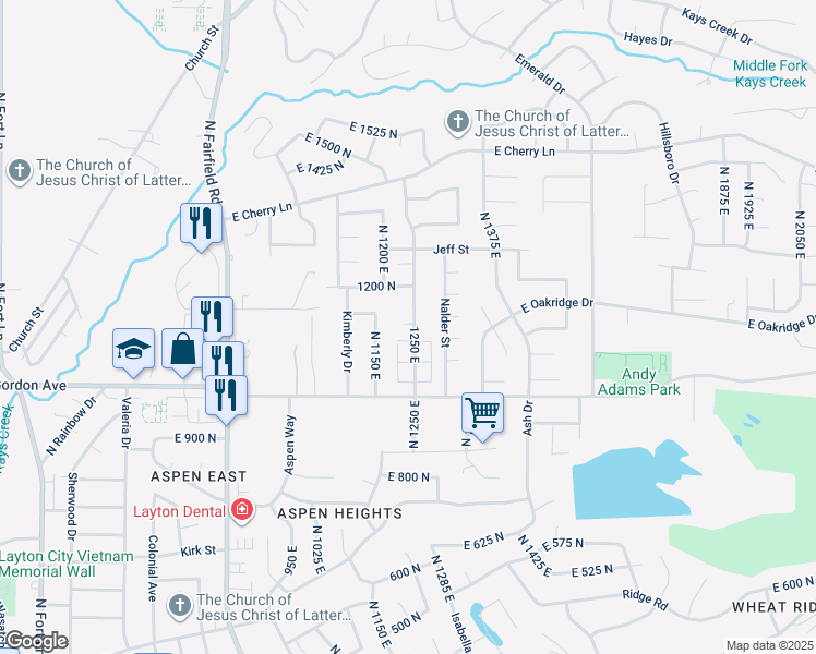 map of restaurants, bars, coffee shops, grocery stores, and more near 1101 Nayon Drive in Layton