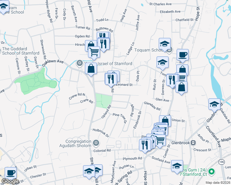map of restaurants, bars, coffee shops, grocery stores, and more near 1 Burdick Street in Stamford