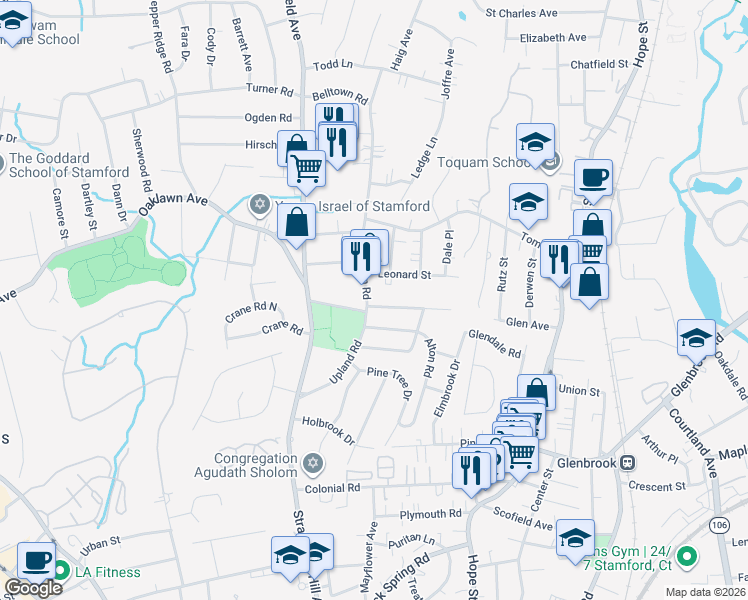 map of restaurants, bars, coffee shops, grocery stores, and more near 1 Burdick Street in Stamford