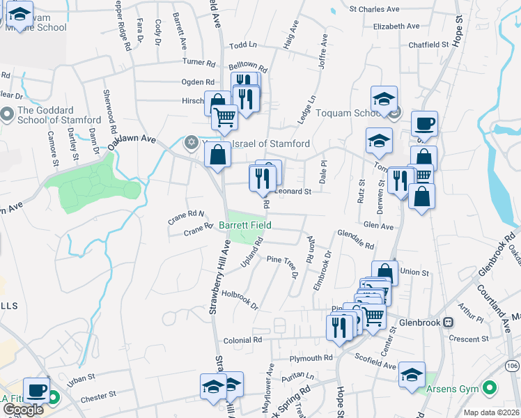 map of restaurants, bars, coffee shops, grocery stores, and more near 1 Burdick Street in Stamford