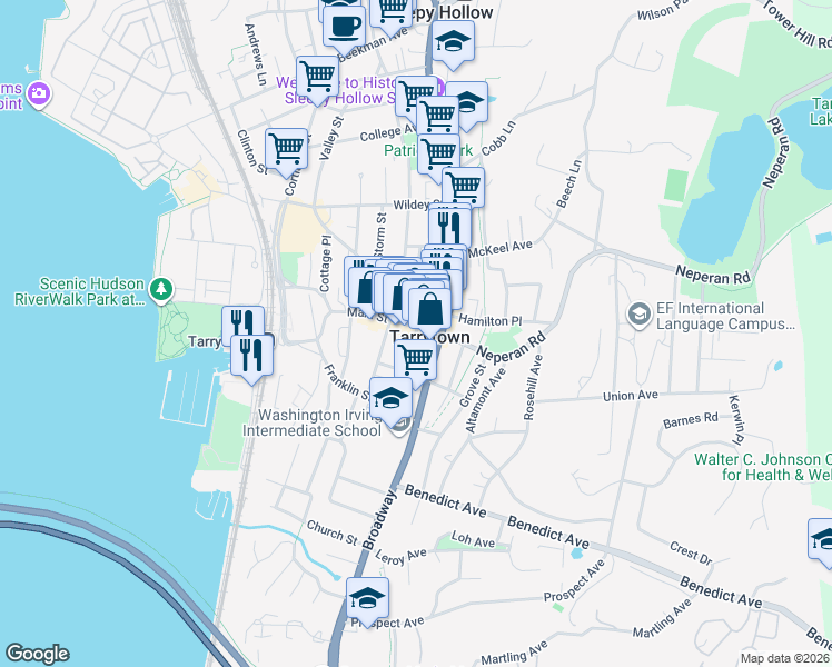 map of restaurants, bars, coffee shops, grocery stores, and more near 22 South Washington Street in Tarrytown