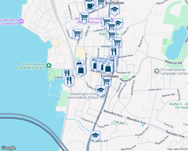 map of restaurants, bars, coffee shops, grocery stores, and more near 22 Windle Park in Tarrytown