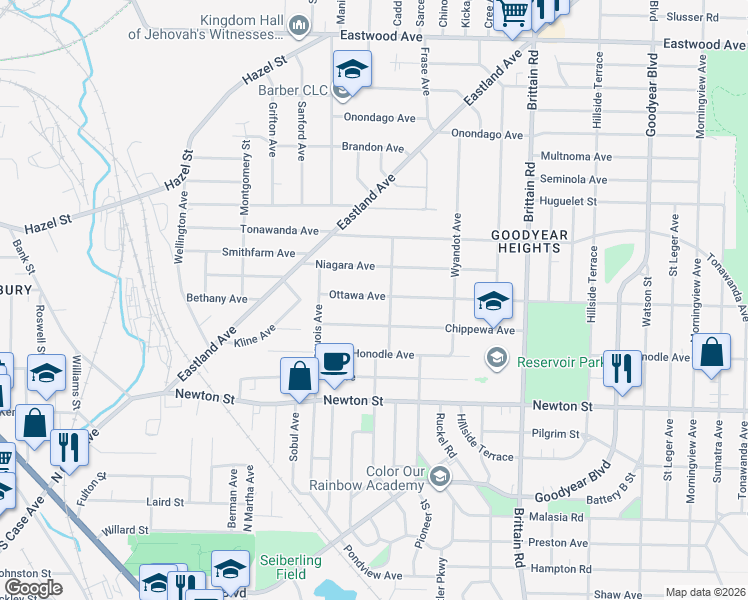 map of restaurants, bars, coffee shops, grocery stores, and more near 1296 Ottawa Avenue in Akron