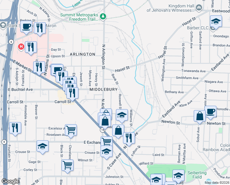map of restaurants, bars, coffee shops, grocery stores, and more near 131 Middlebury Avenue in Akron