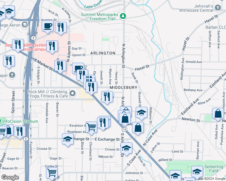 map of restaurants, bars, coffee shops, grocery stores, and more near 134 Lee Drive in Akron