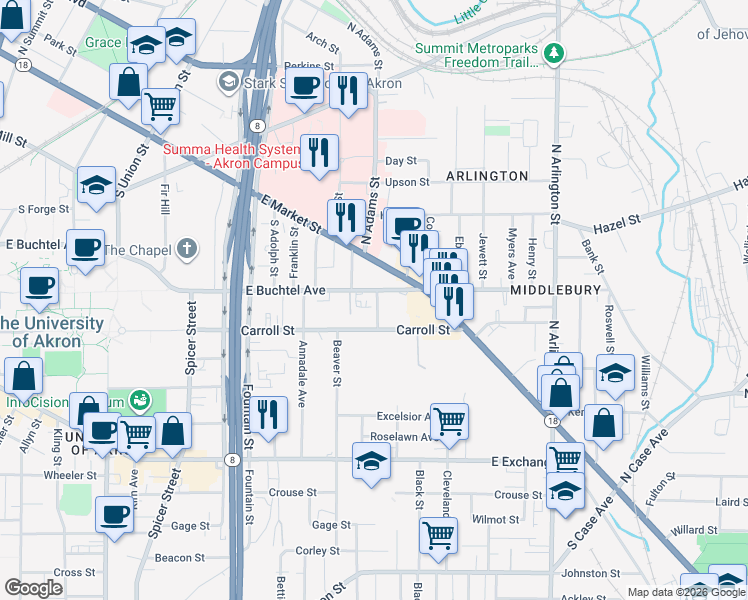 map of restaurants, bars, coffee shops, grocery stores, and more near 73 Straw Street in Akron
