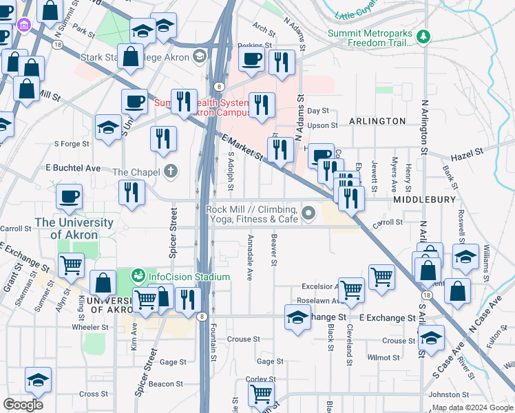 map of restaurants, bars, coffee shops, grocery stores, and more near 95 Annadale Avenue in Akron