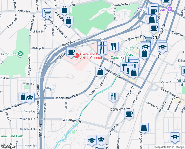 map of restaurants, bars, coffee shops, grocery stores, and more near 474 Locust Street in Akron