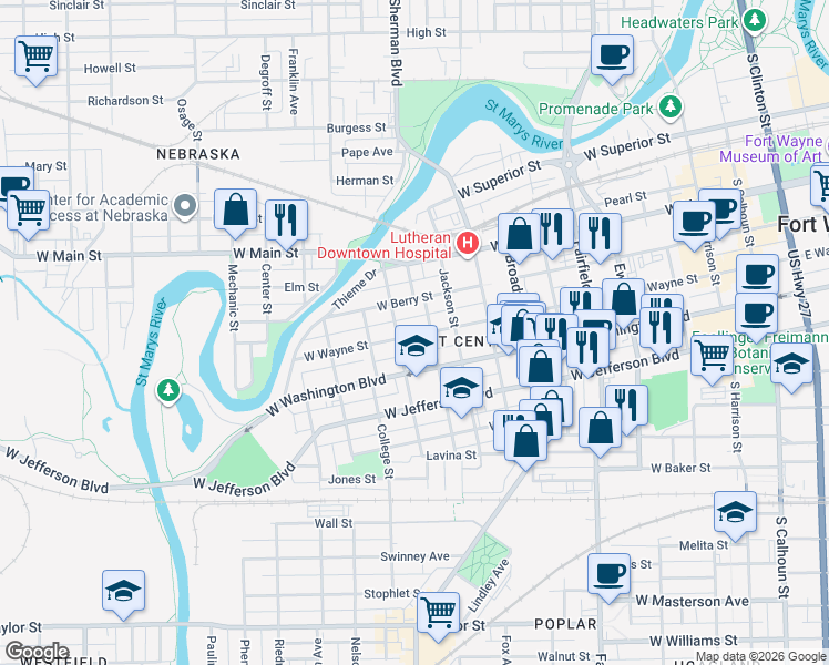 map of restaurants, bars, coffee shops, grocery stores, and more near 1005 West Wayne Street in Fort Wayne
