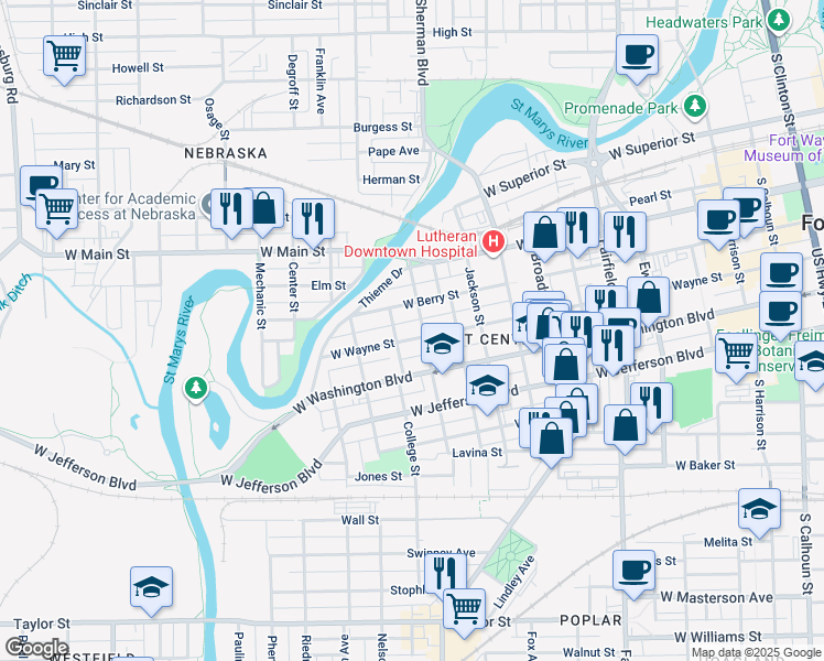 map of restaurants, bars, coffee shops, grocery stores, and more near in Fort Wayne