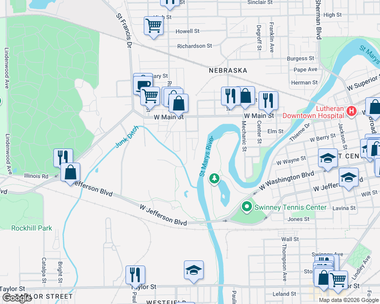 map of restaurants, bars, coffee shops, grocery stores, and more near 310 Greenwood Avenue in Fort Wayne