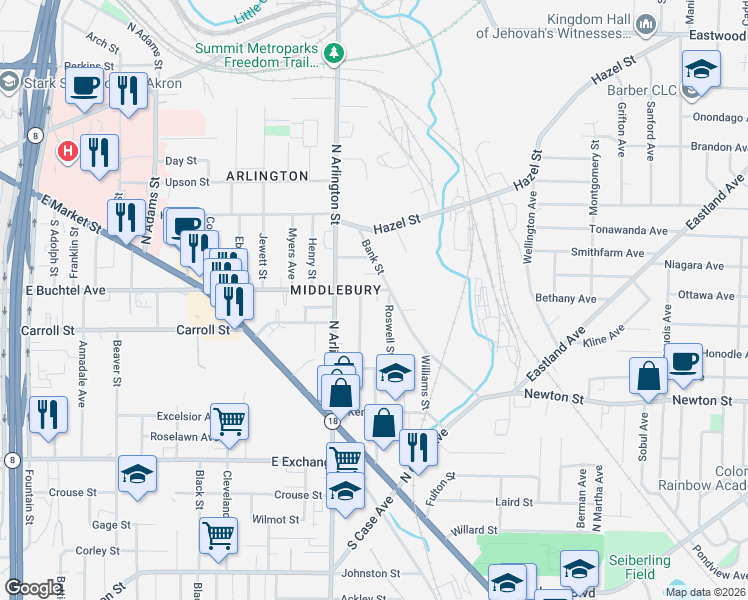map of restaurants, bars, coffee shops, grocery stores, and more near 131 Middlebury Avenue in Akron