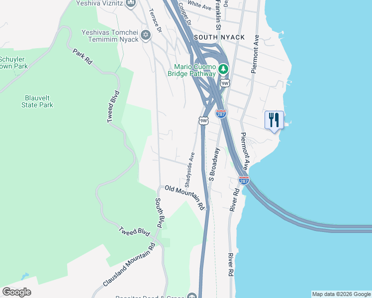 map of restaurants, bars, coffee shops, grocery stores, and more near 6 Riverview Avenue in Nyack