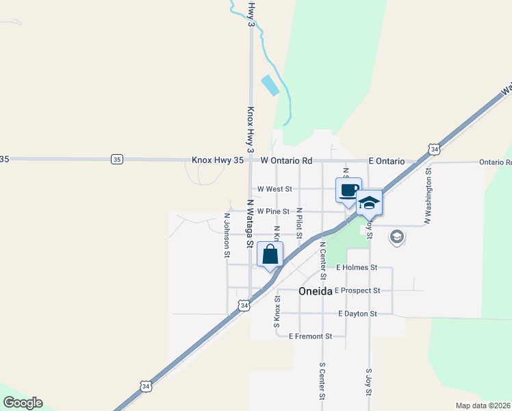 map of restaurants, bars, coffee shops, grocery stores, and more near 415 North Wataga Street in Oneida