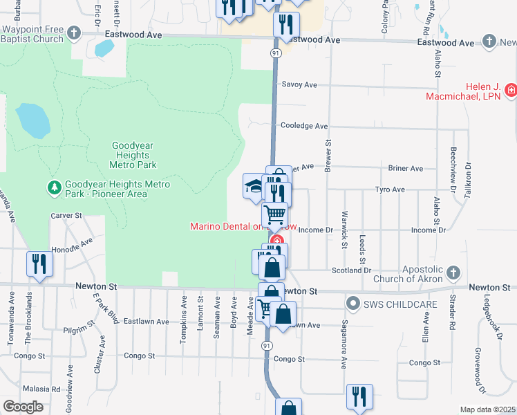 map of restaurants, bars, coffee shops, grocery stores, and more near 400 Darrow Road in Akron