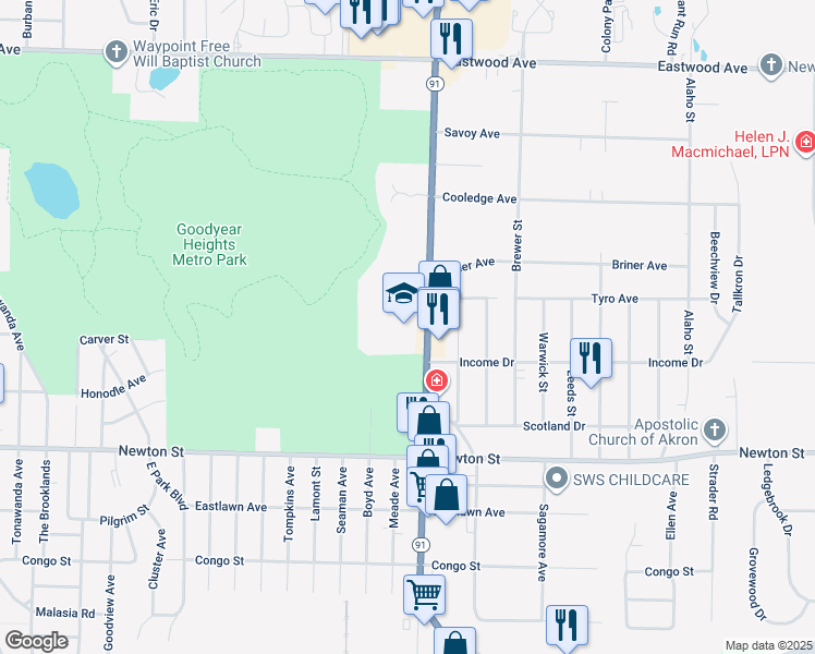 map of restaurants, bars, coffee shops, grocery stores, and more near 400 Darrow Road in Akron