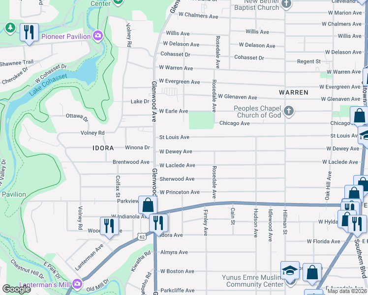 map of restaurants, bars, coffee shops, grocery stores, and more near 601 West Dewey Avenue in Youngstown