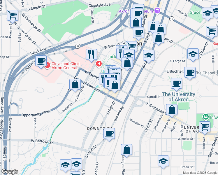 map of restaurants, bars, coffee shops, grocery stores, and more near 357 South Main Street in Akron